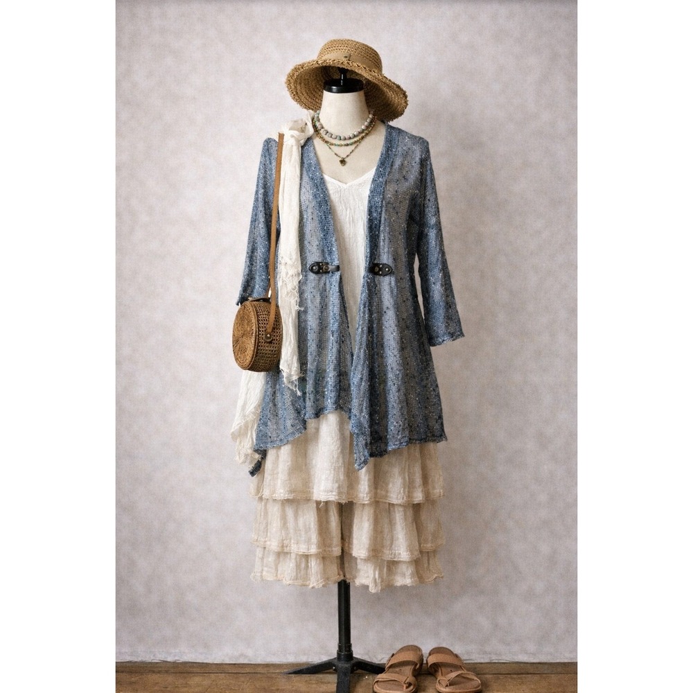 Boho Open Knit Toggle Lagenlook Cardigan Women XXL Blue Space Dye Mesh